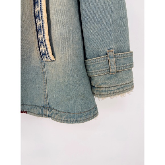 Rare Free People Sherpa Shearling Denim Coat Jacket Medium Embroidered Blue - Picture 11 of 11
